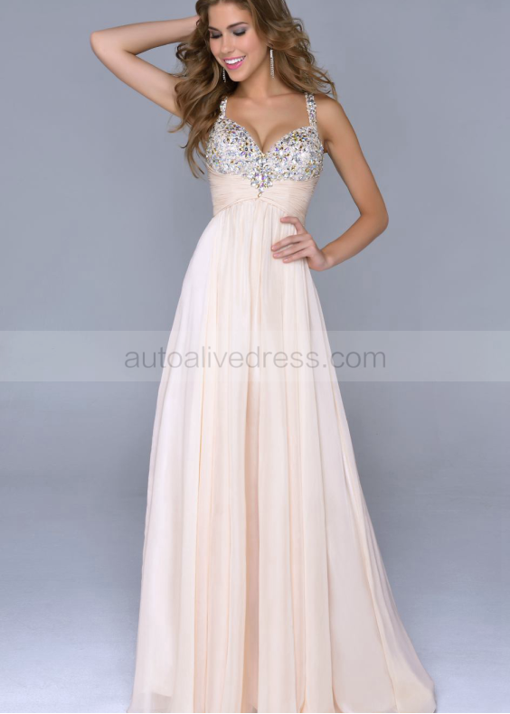 Spaghetti Straps Beaded Ruched Chiffon Elegant Long Prom Dress